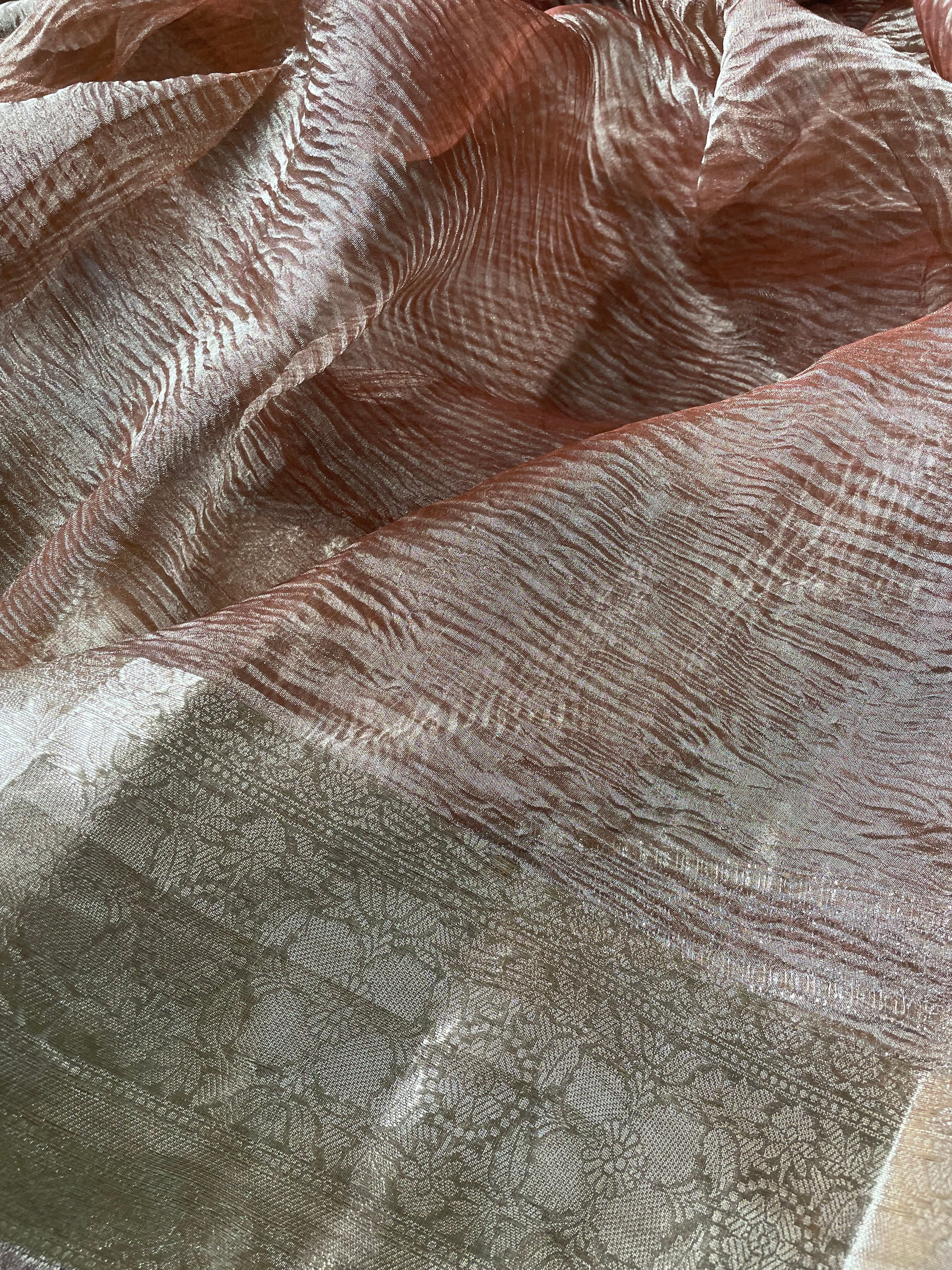 Copper Gold Pure Crush Tissue Silk Banarasi Saree with Embellished Border