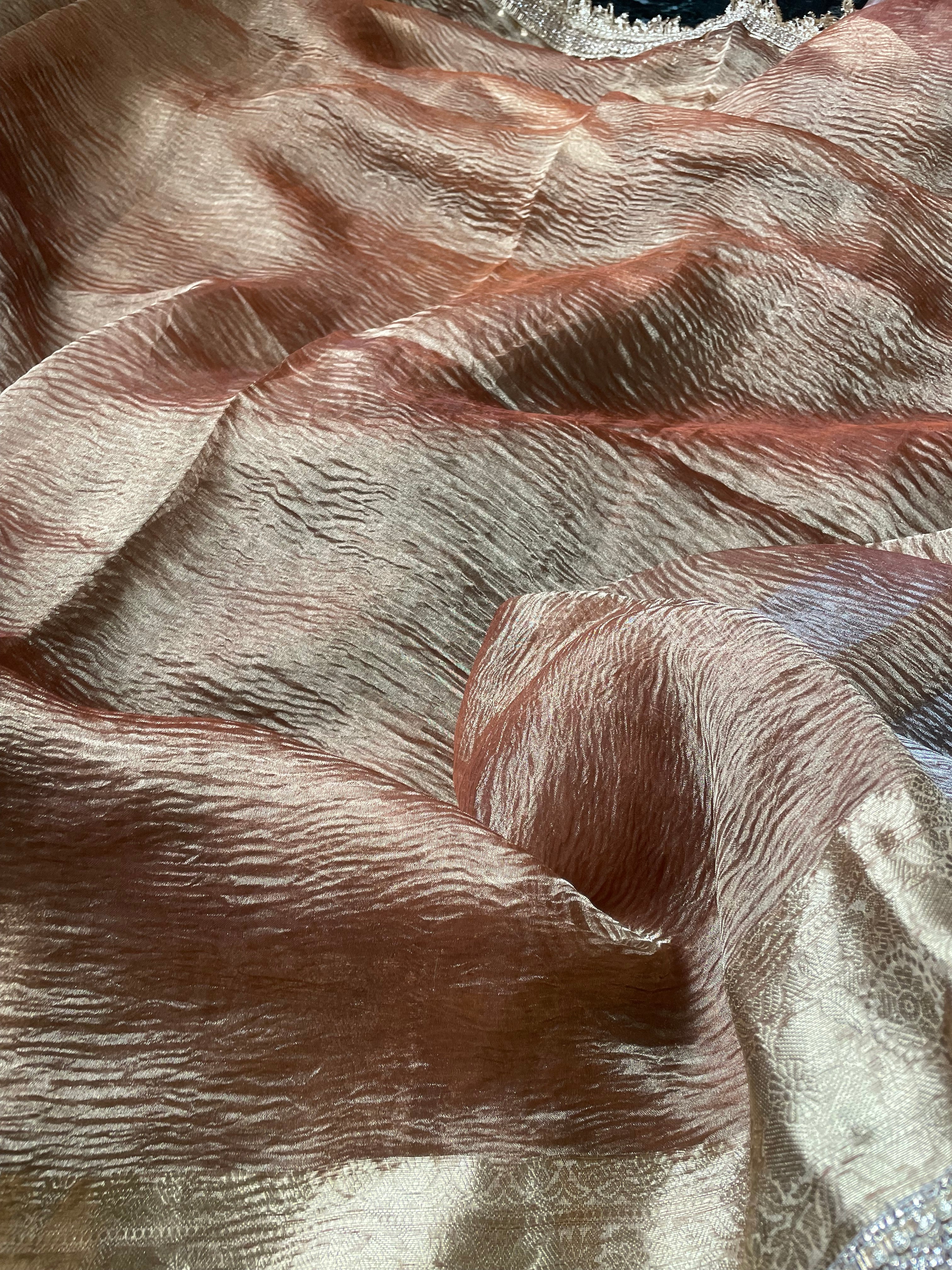 Copper Gold Pure Crush Tissue Silk Banarasi Saree with Embellished Border