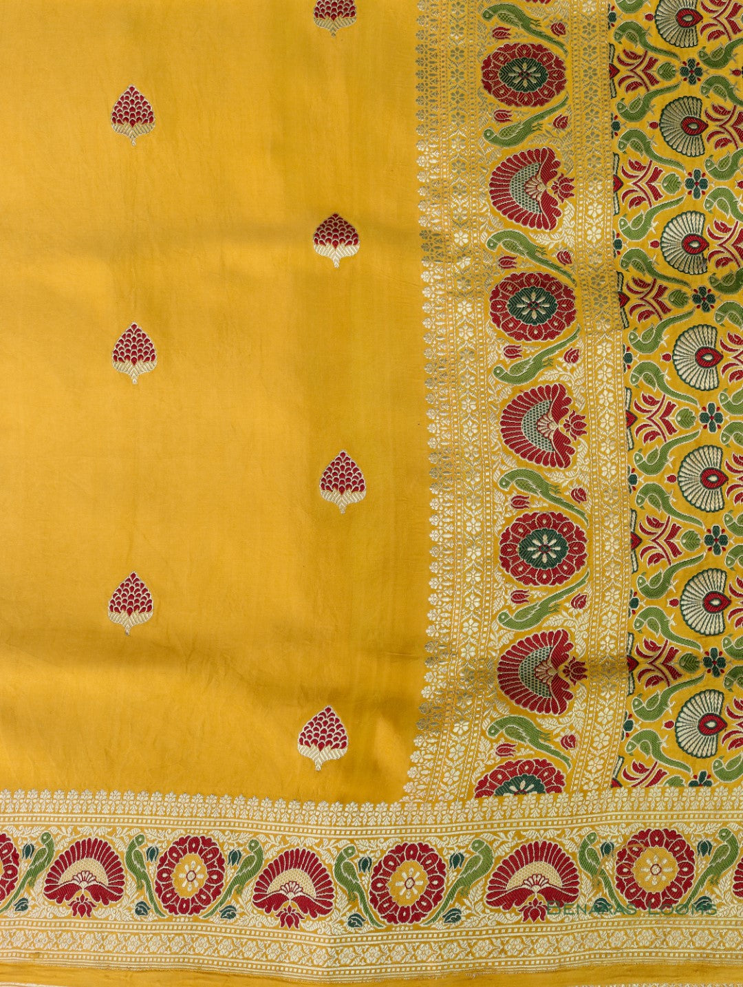 Golden Mustard Handloom Satin Silk Shikargah Banarasi Saree