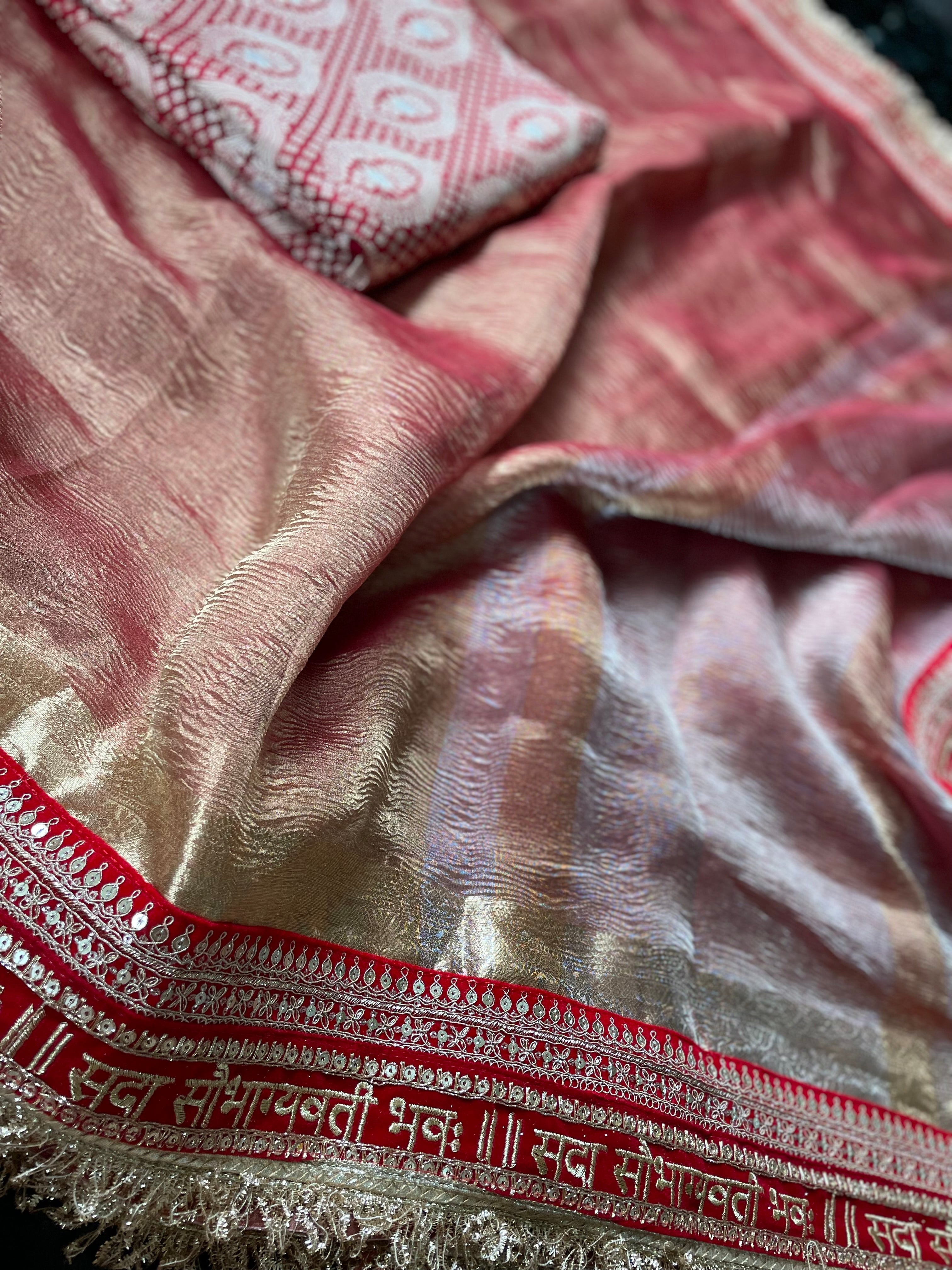 Red Pure Crush Tissue Silk Banarasi Saree with Embellished Border