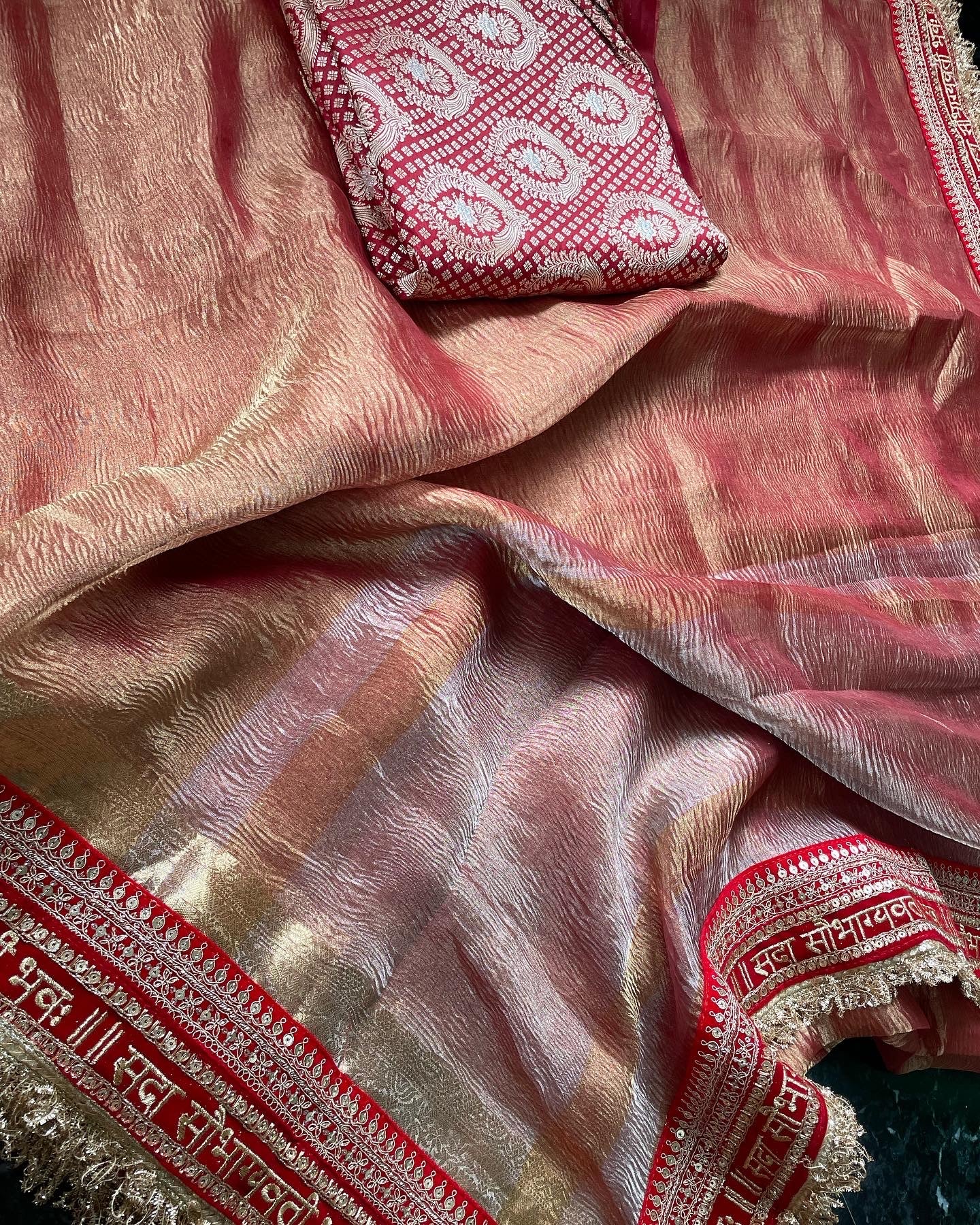 Red Pure Crush Tissue Silk Banarasi Saree with Embellished Border