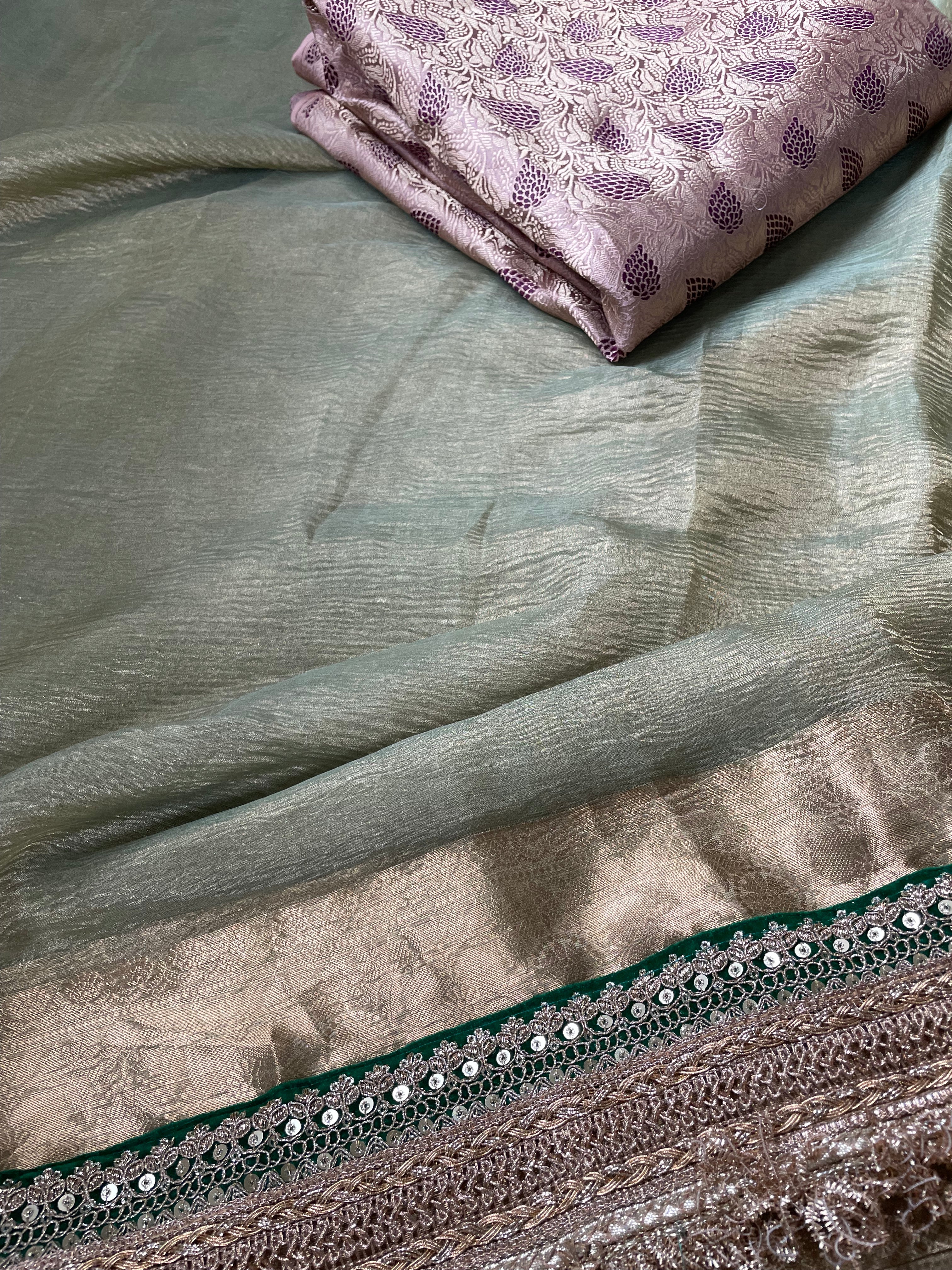 Green Pure Crush Tissue Silk Banarasi Saree with Embellished Border