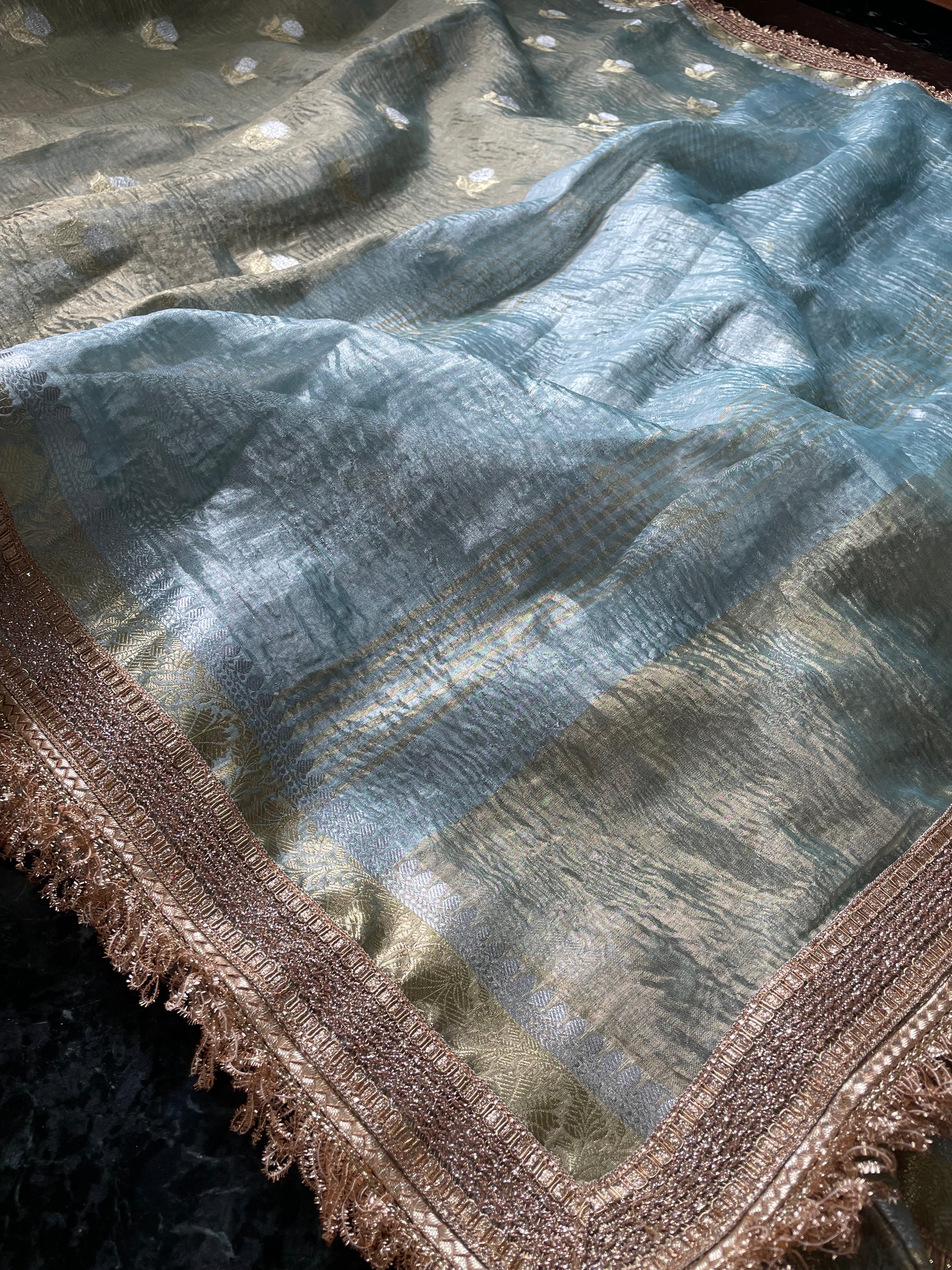 Pista Green Tissue Silk Saree with Embellished Border