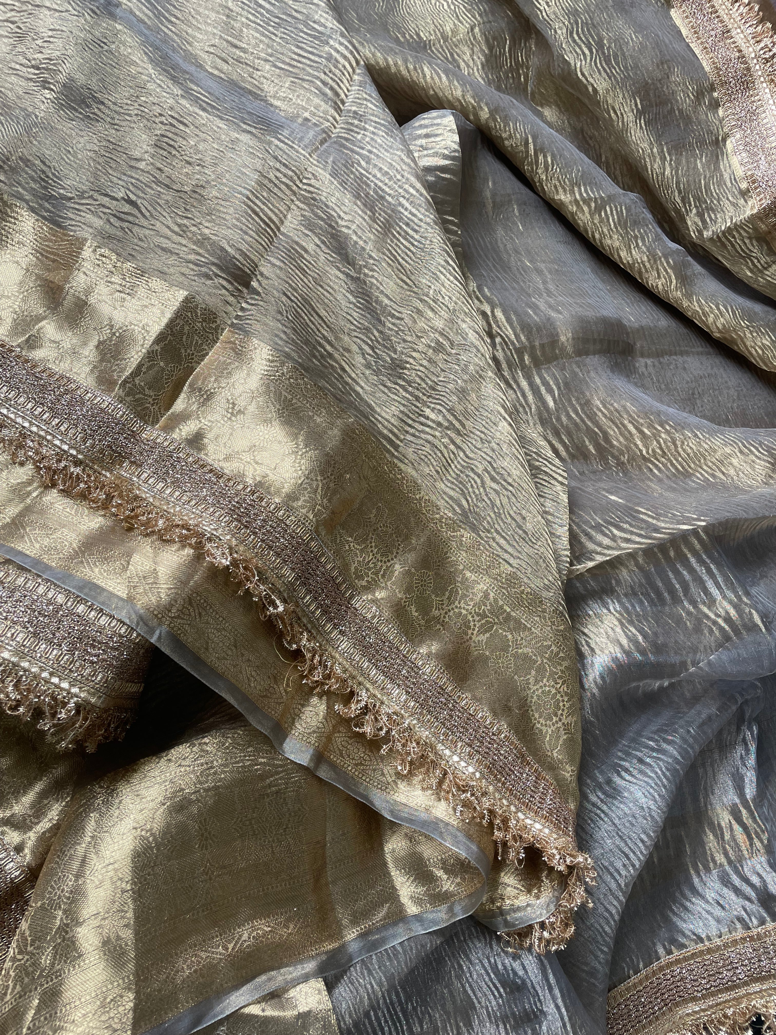 Grey Gold Pure Crush Tissue Silk Banarasi Saree with Embellished Border