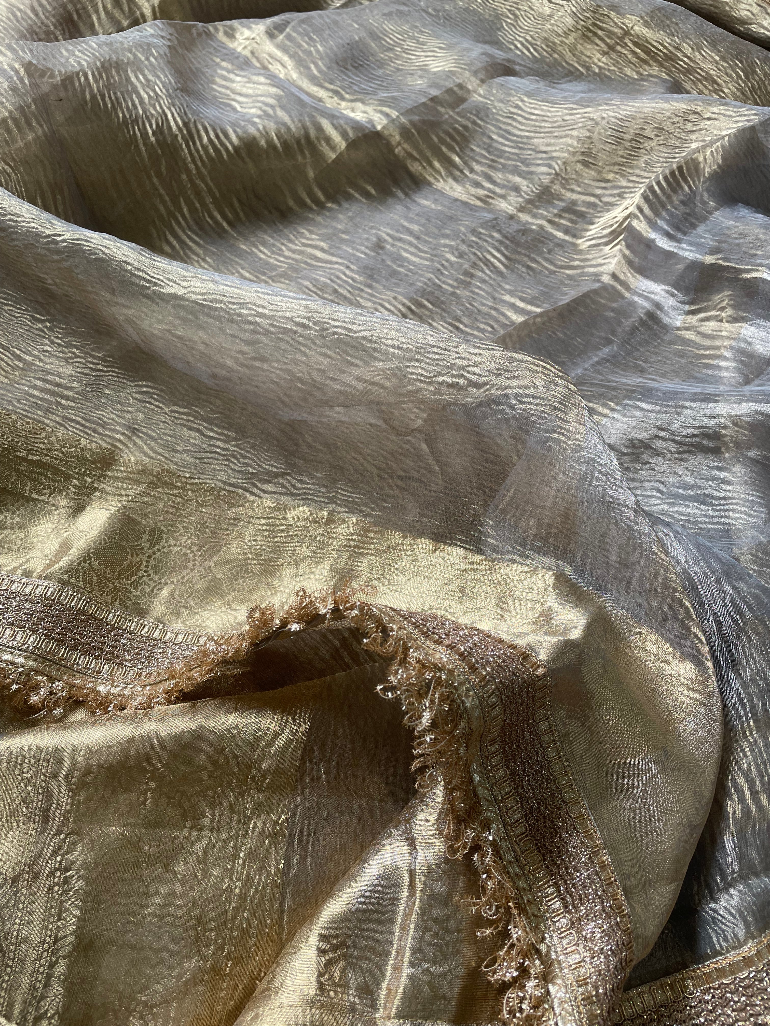 Grey Gold Pure Crush Tissue Silk Banarasi Saree with Embellished Border