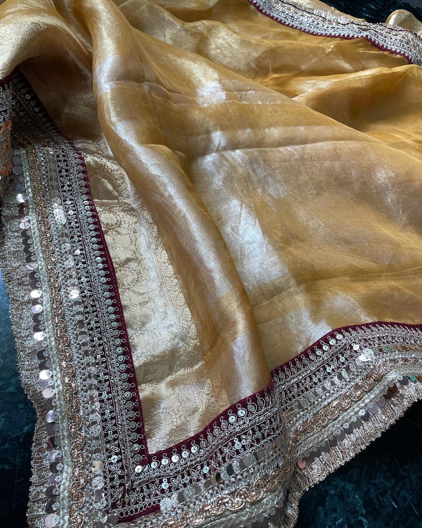 Yellow Gold Pure Tissue Silk Banarasi Saree with Embellished Border