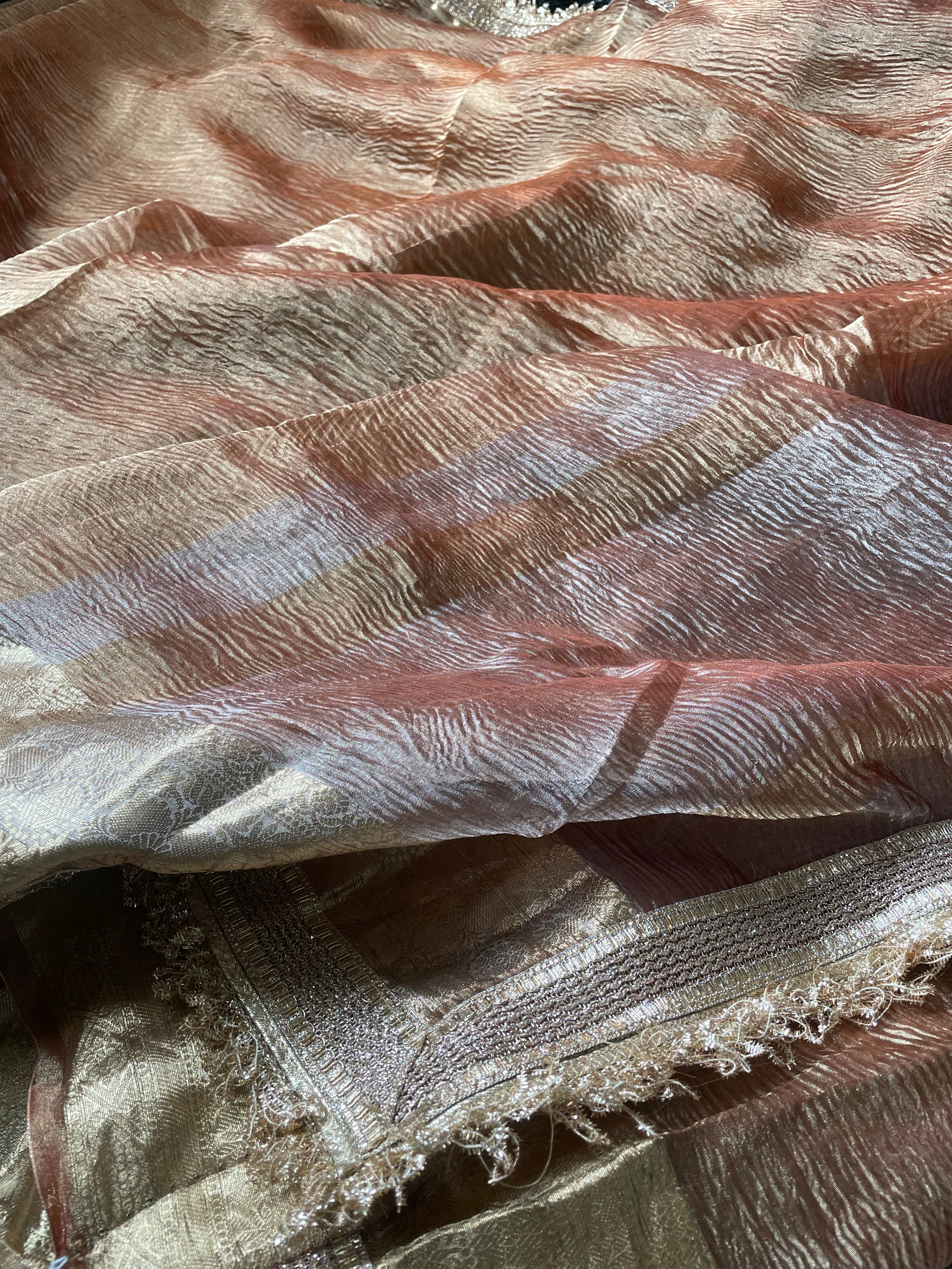 Copper Gold Pure Crush Tissue Silk Banarasi Saree with Embellished Border