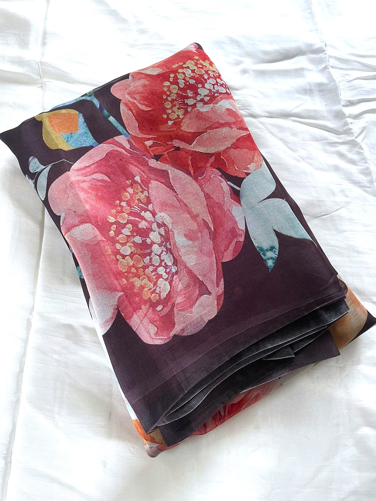 Wine Satin Organza Printed Half Half Saree