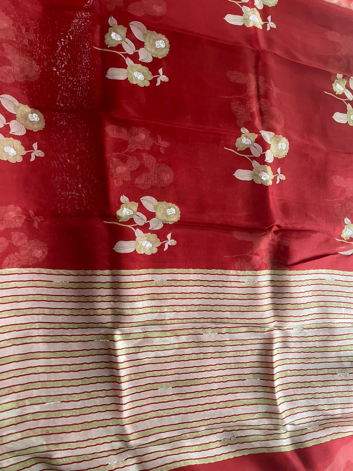 Red Pure Organza Saree with Hand Embroidry