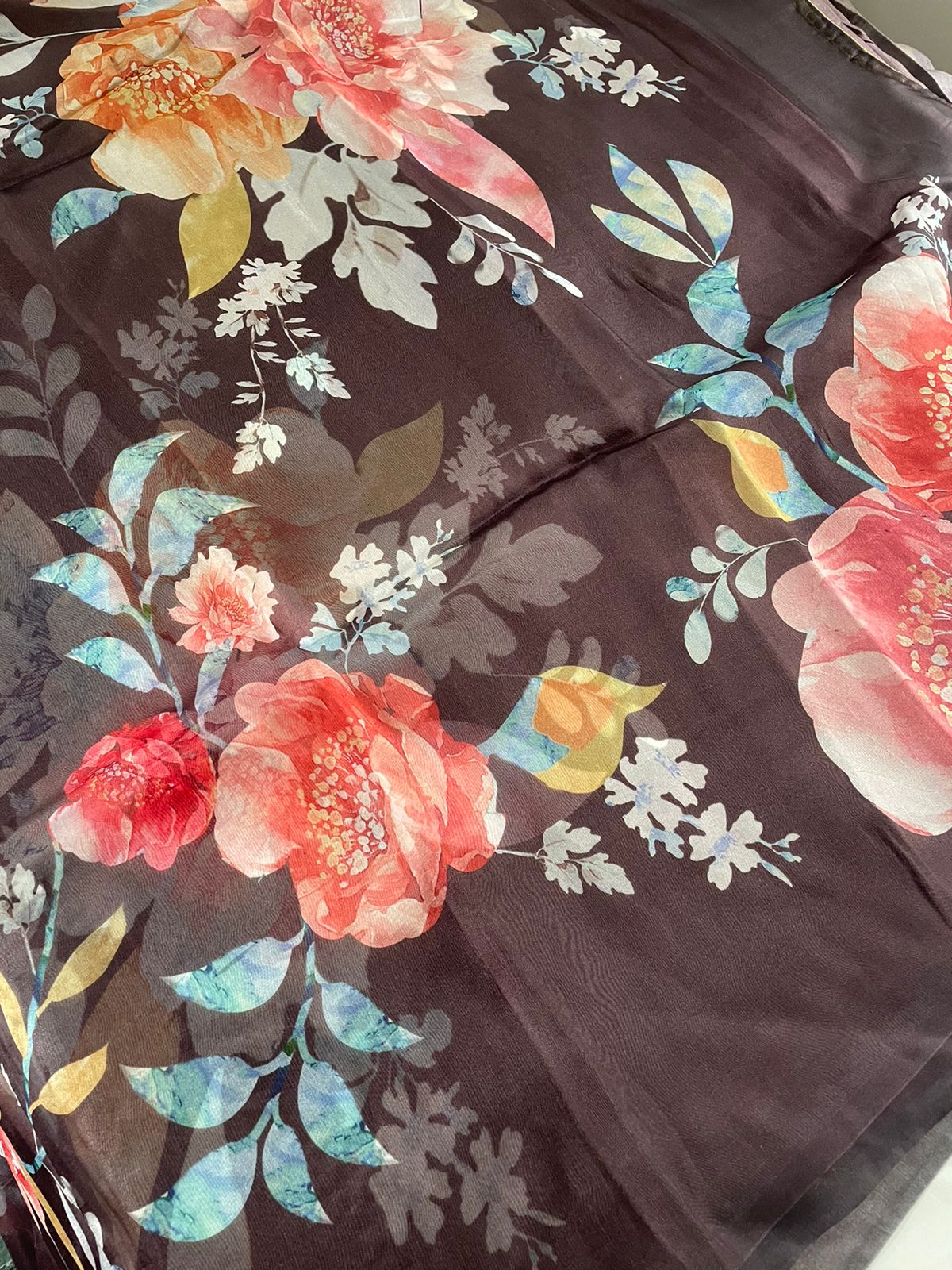 Wine Satin Organza Printed Half Half Saree