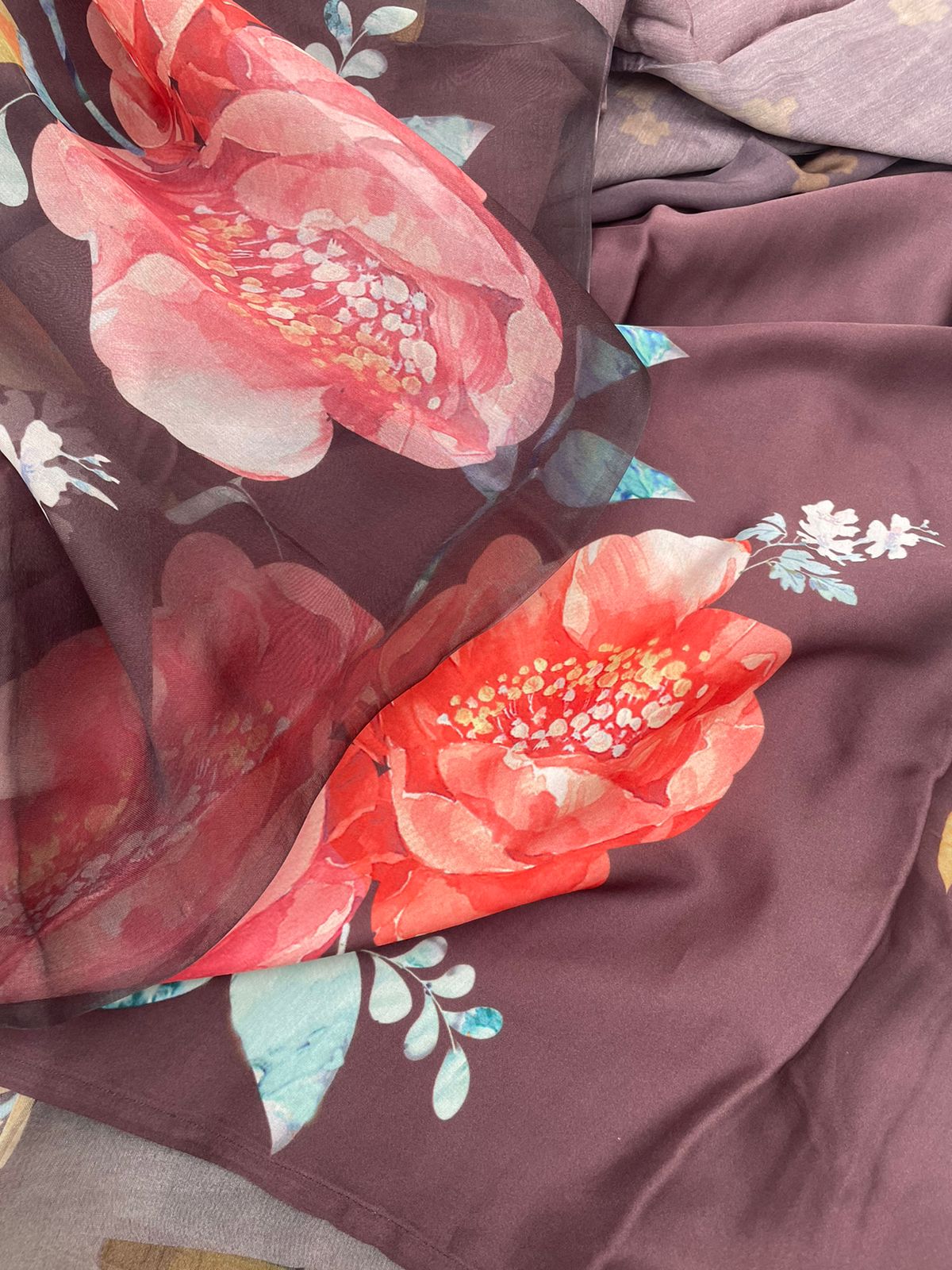 Wine Satin Organza Printed Half Half Saree