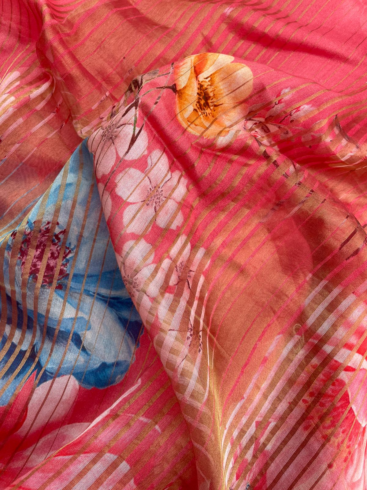 Pink Striped Tissue Chiniya Printed Saree