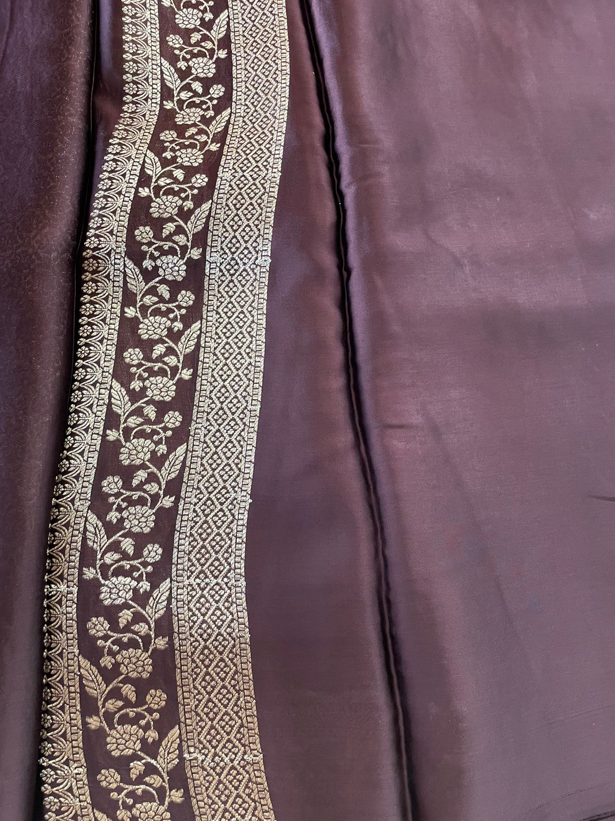 Brown Handwoven Satin Banarasi Saree Shikargah Zari Work
