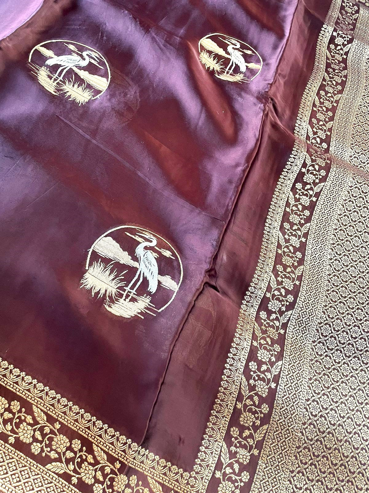 Brown Handwoven Satin Banarasi Saree Shikargah Zari Work