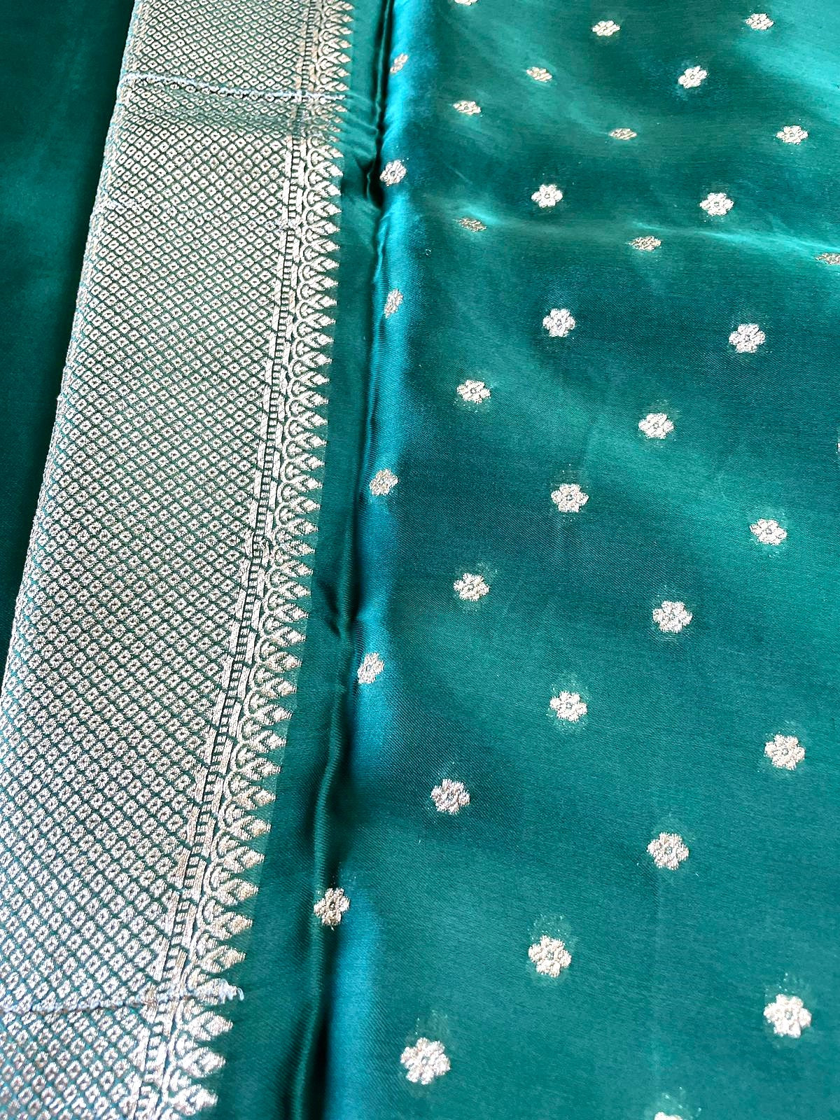 Green Banarasi Satin Saree Buti Shikargah