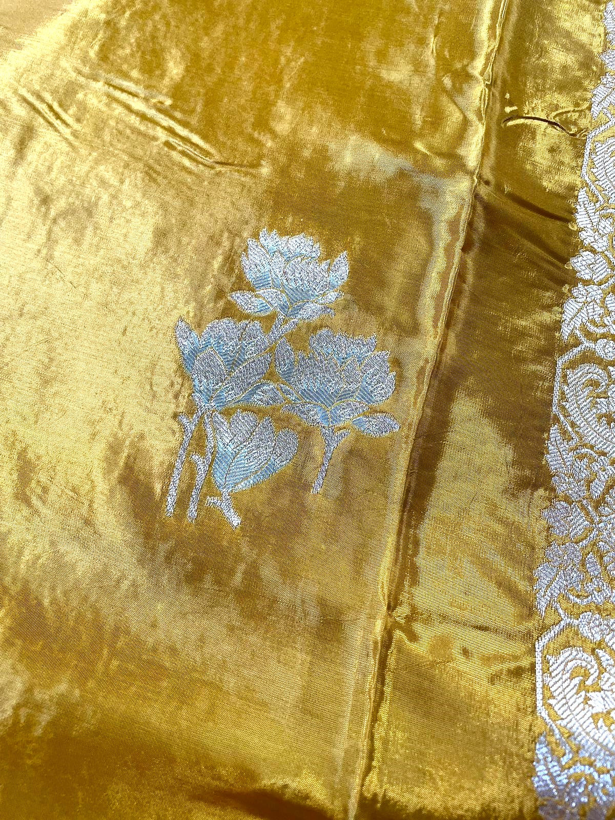 Pure Crepe Yellow Banarasi Saree with Gold & Silver Zari