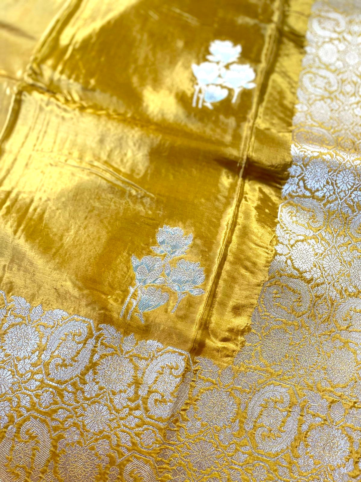 Pure Crepe Yellow Banarasi Saree with Gold & Silver Zari