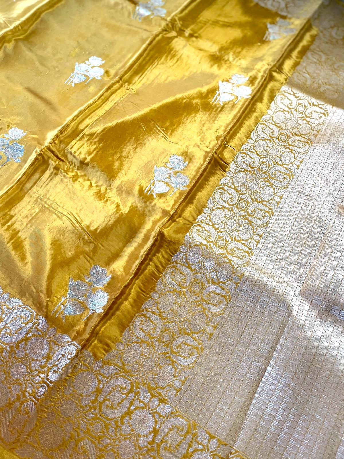 Pure Crepe Yellow Banarasi Saree with Gold & Silver Zari