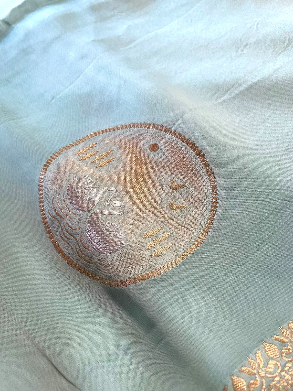 Green Banarasi Satin Saree Sona-Rupa Shikargah