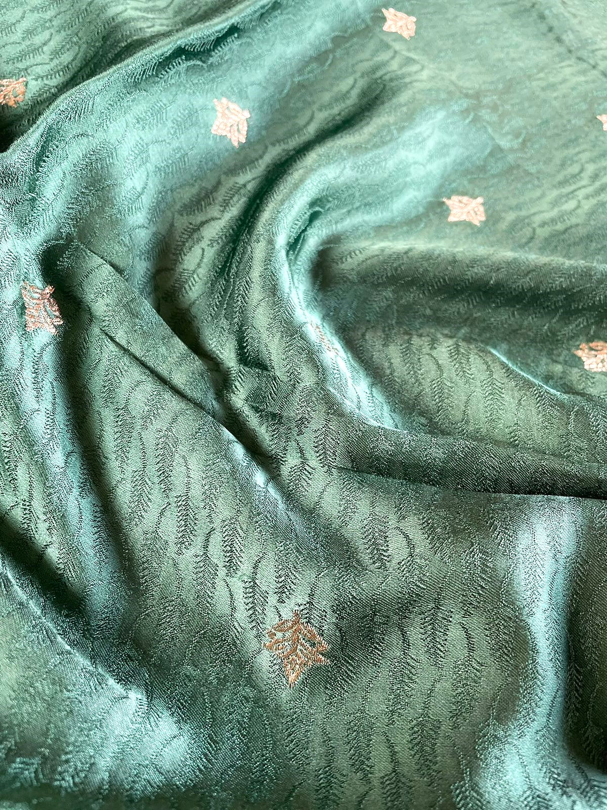 Green Satin Banarasi Saree with Shikargah Buti