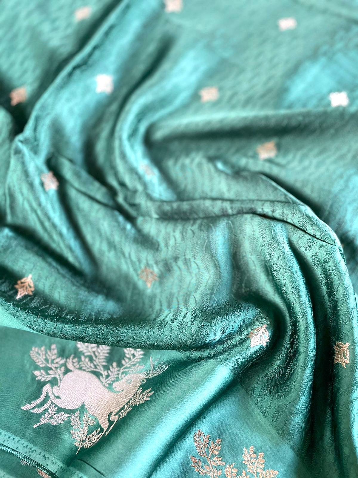 Green Satin Banarasi Saree with Shikargah Buti