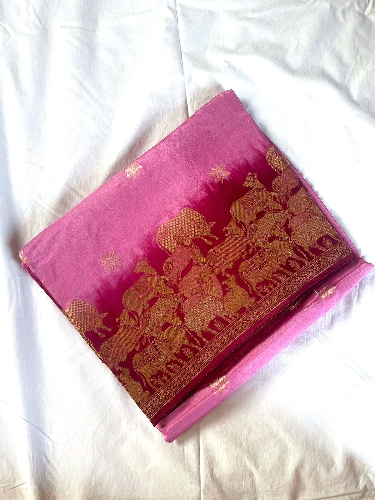 Pink Banarasi Munga Crepe Saree with Shikargah