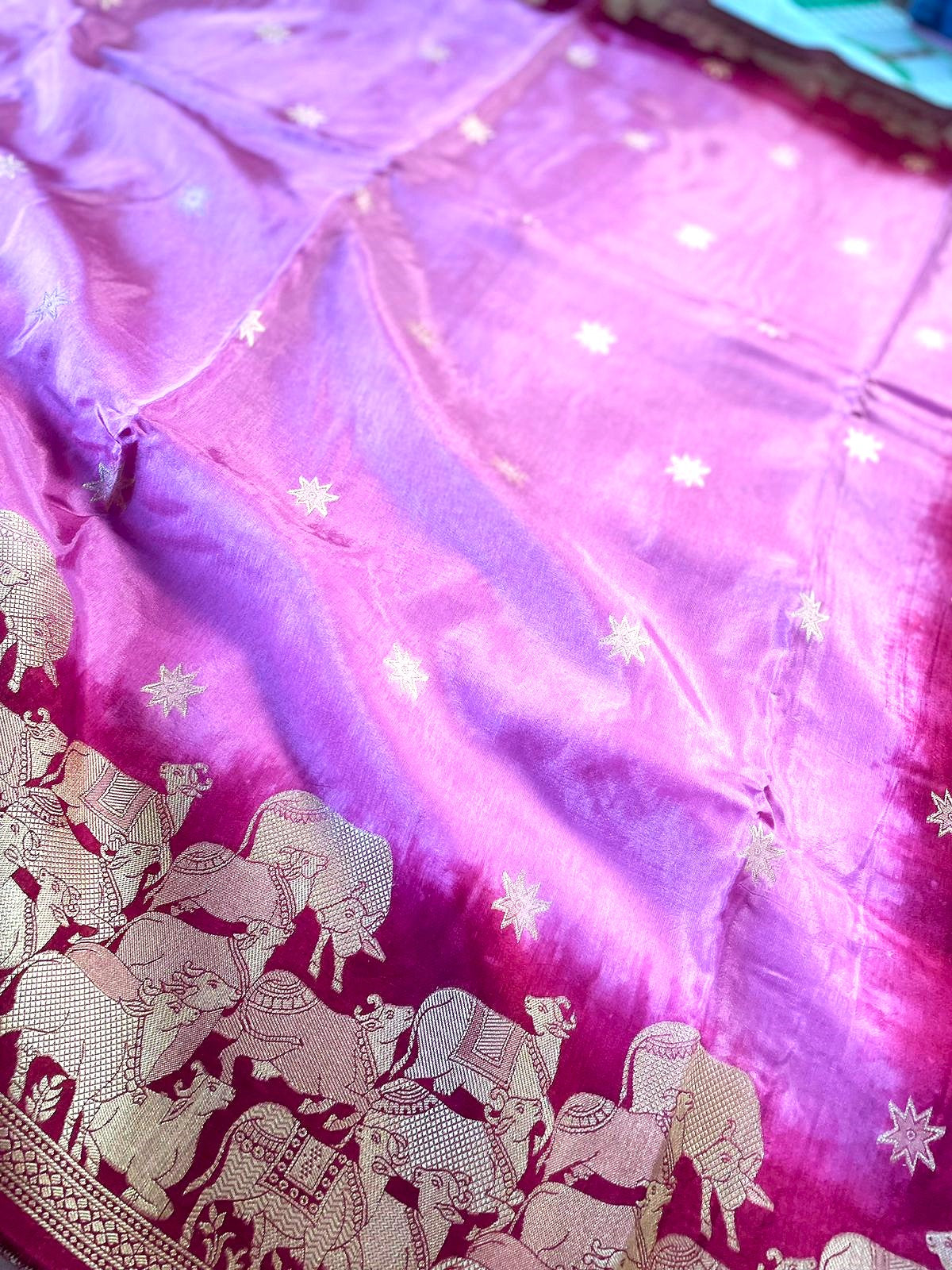 Pink Banarasi Munga Crepe Saree with Shikargah