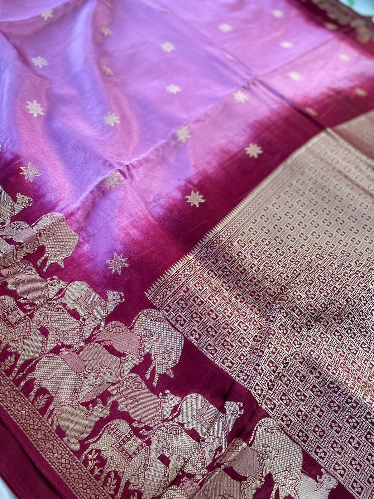Pink Banarasi Munga Crepe Saree with Shikargah
