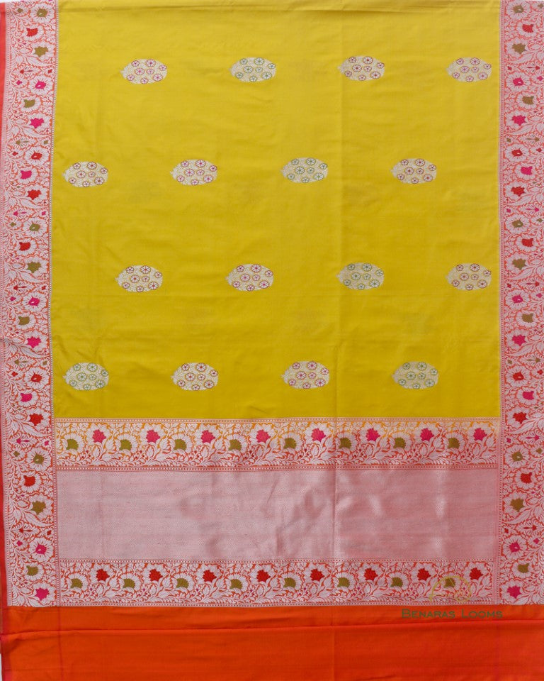 Yellow Floral Satin Silk Kadhua Meenakari Banarasi Saree