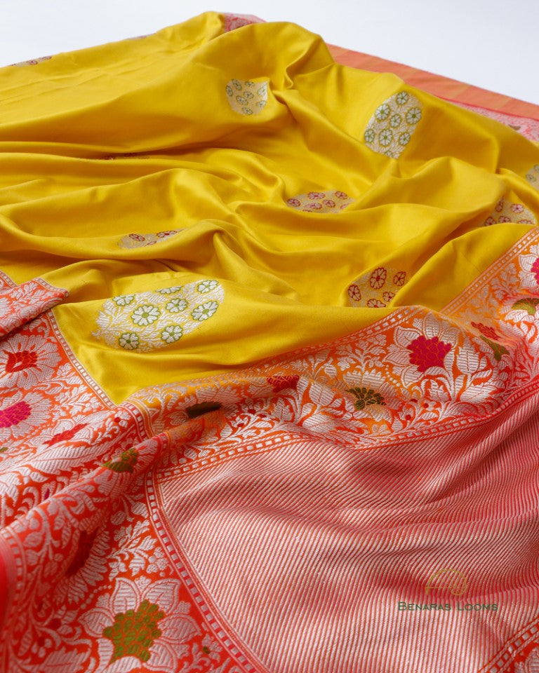 Yellow Floral Satin Silk Kadhua Meenakari Banarasi Saree