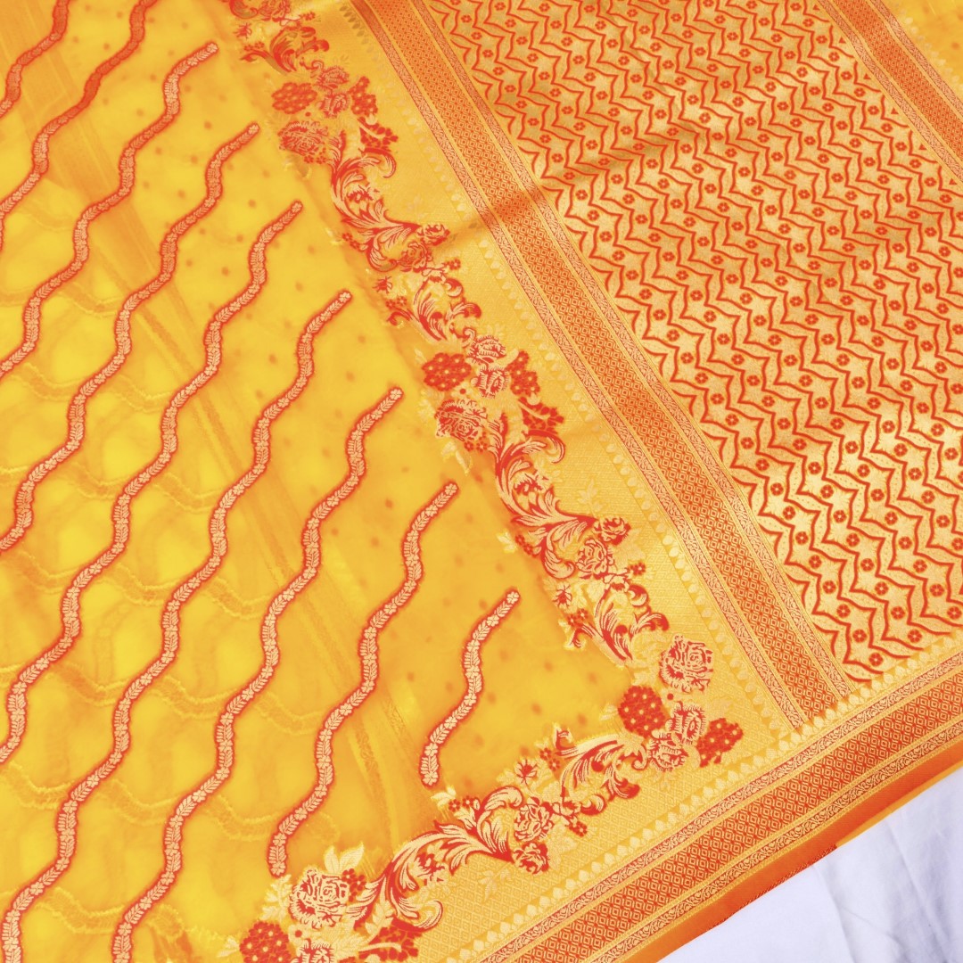 Yellow Adha Jaal Organza Banarasi Saree with Red Meenakari