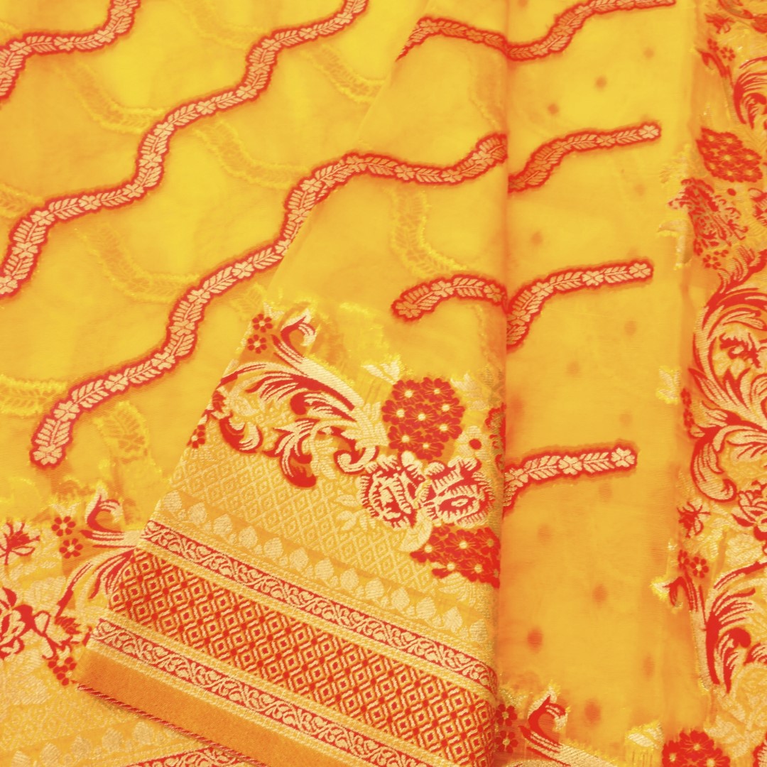 Yellow Adha Jaal Organza Banarasi Saree with Red Meenakari