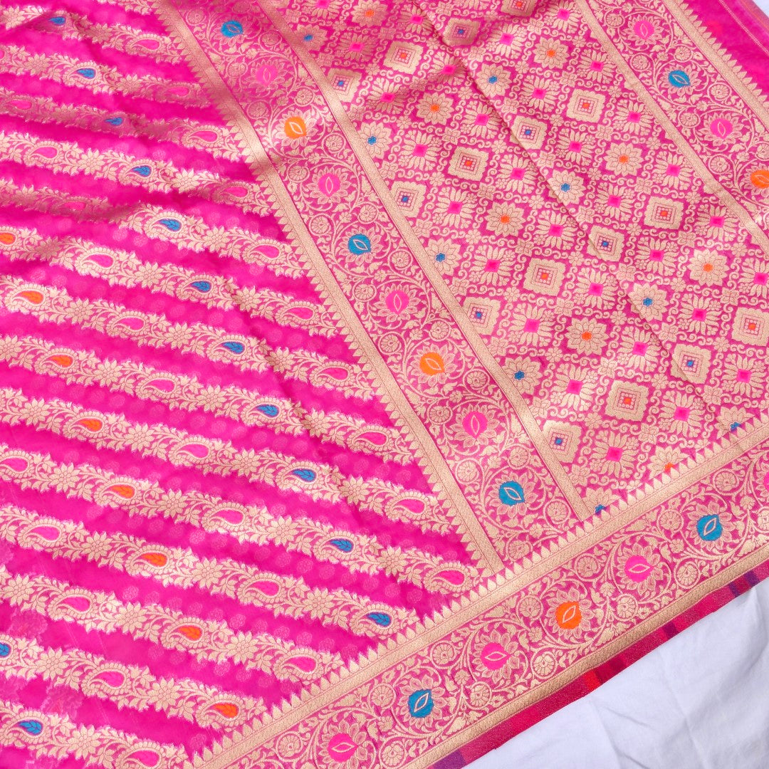 Pink Meena Floral Adha Jaal Organza Banarasi Saree with Meenakari