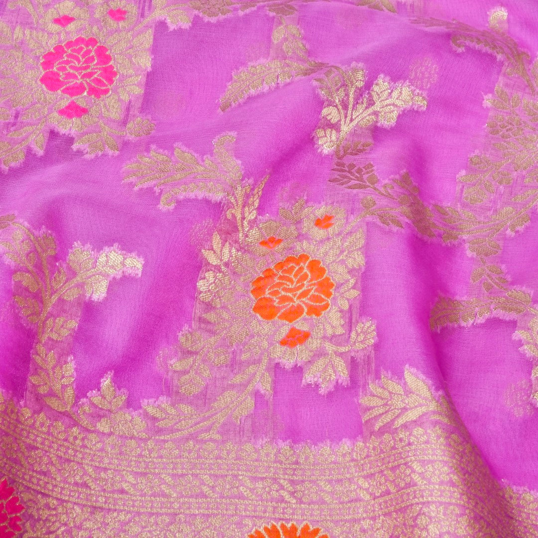 Lilac Meena Floral Jaal Organza Banarasi Saree with Meenakari Border