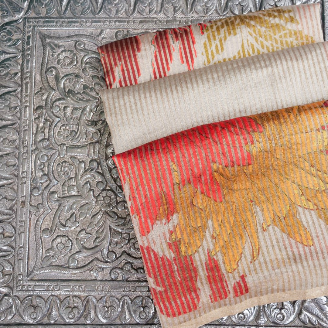 Beige Striped Pure Tissue Silk Saree