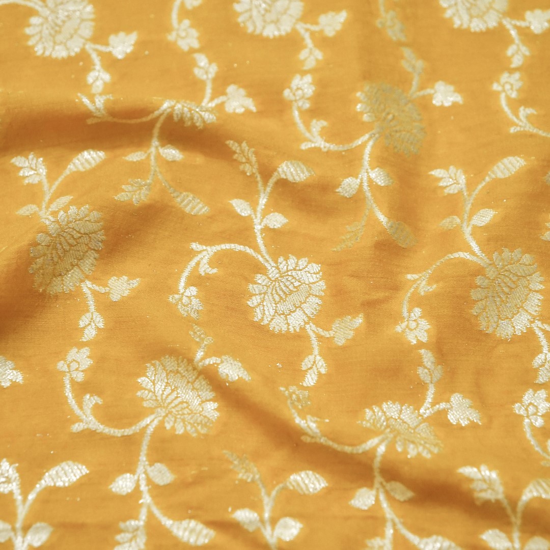 Yellow Munga Silk Unstitched Banarasi Suit Fabric