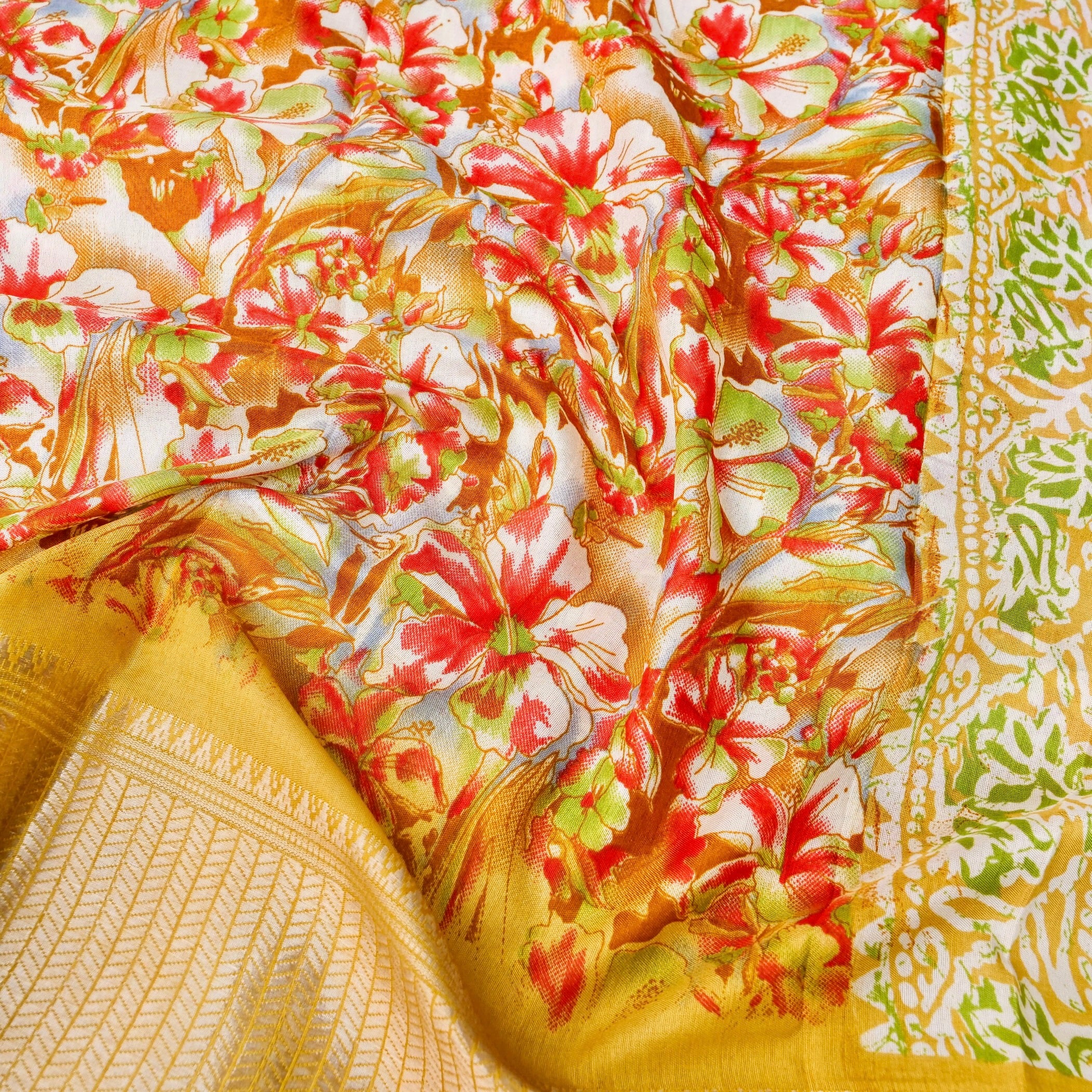 Yellow Tussar Silk Floral Digital Print Banarasi Saree