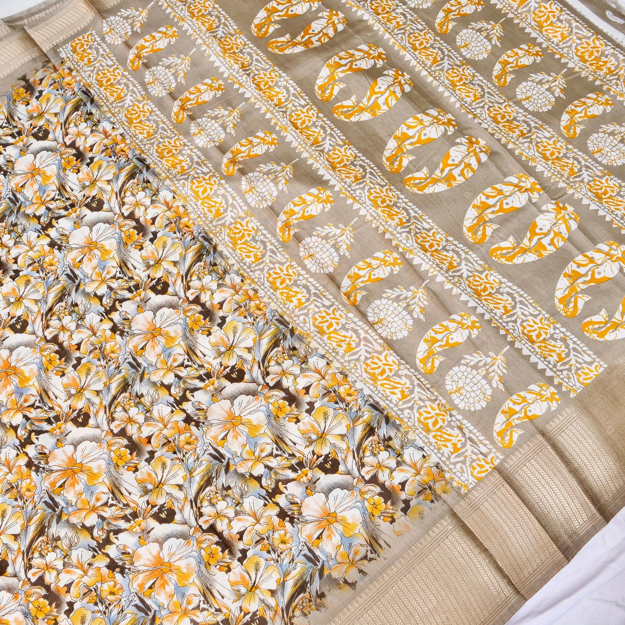 Beige Tussar Silk Floral Digital Print Banarasi Saree