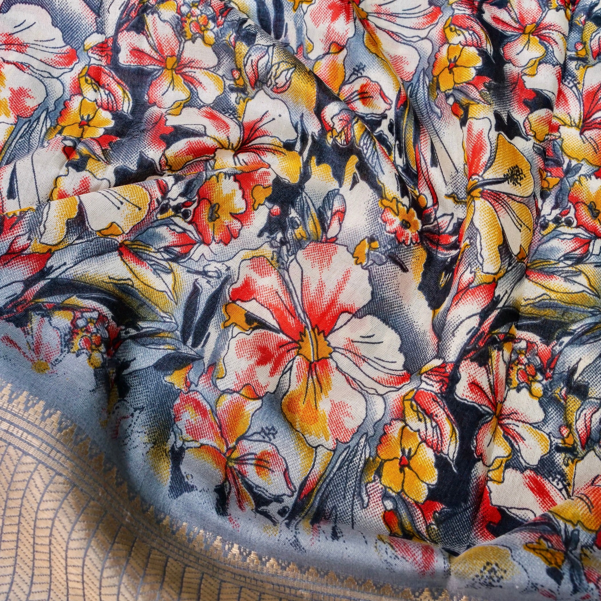 Grey Tussar Silk Floral Digital Print Banarasi Saree