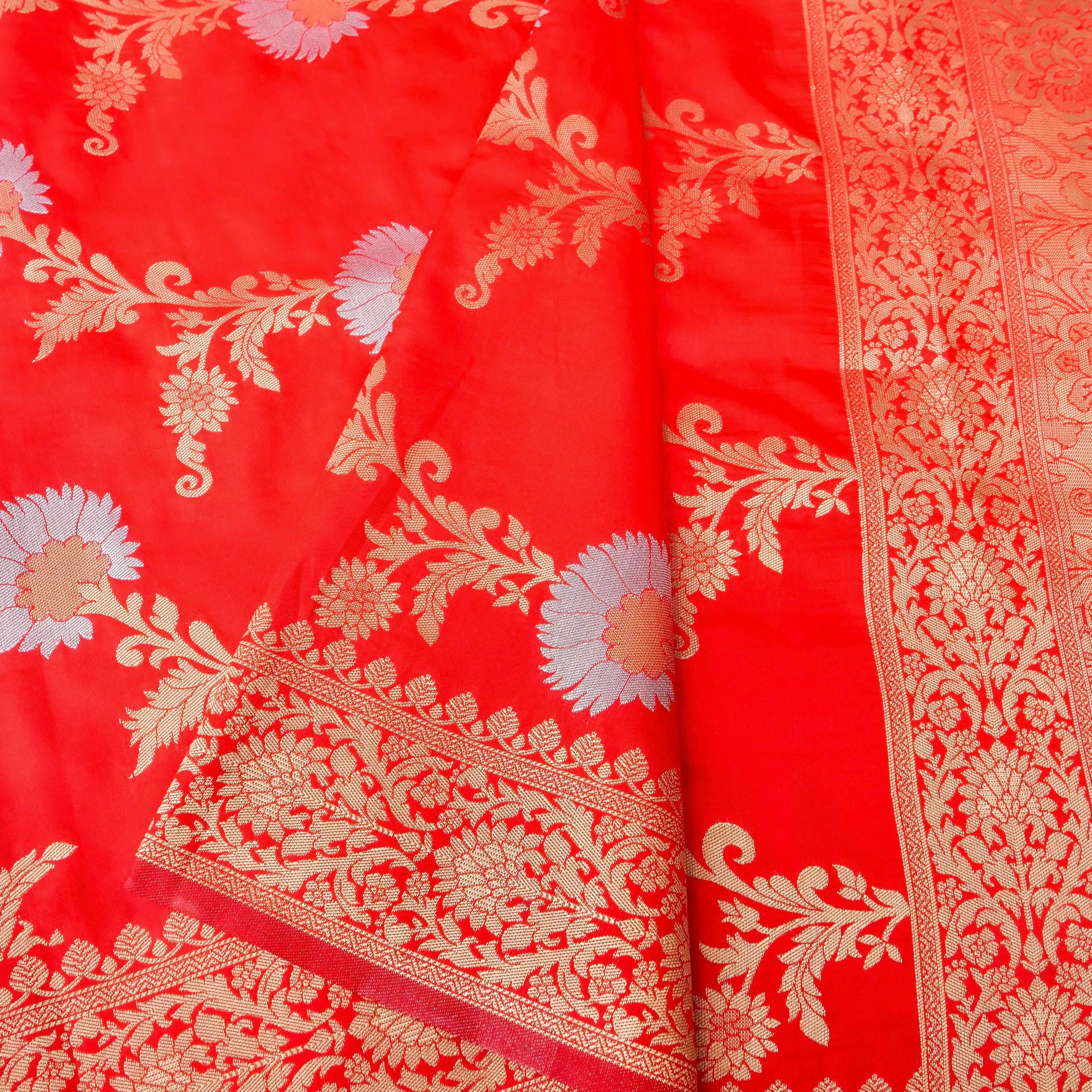 Red Banarasi Silk Saree with Zari Floral Jaal