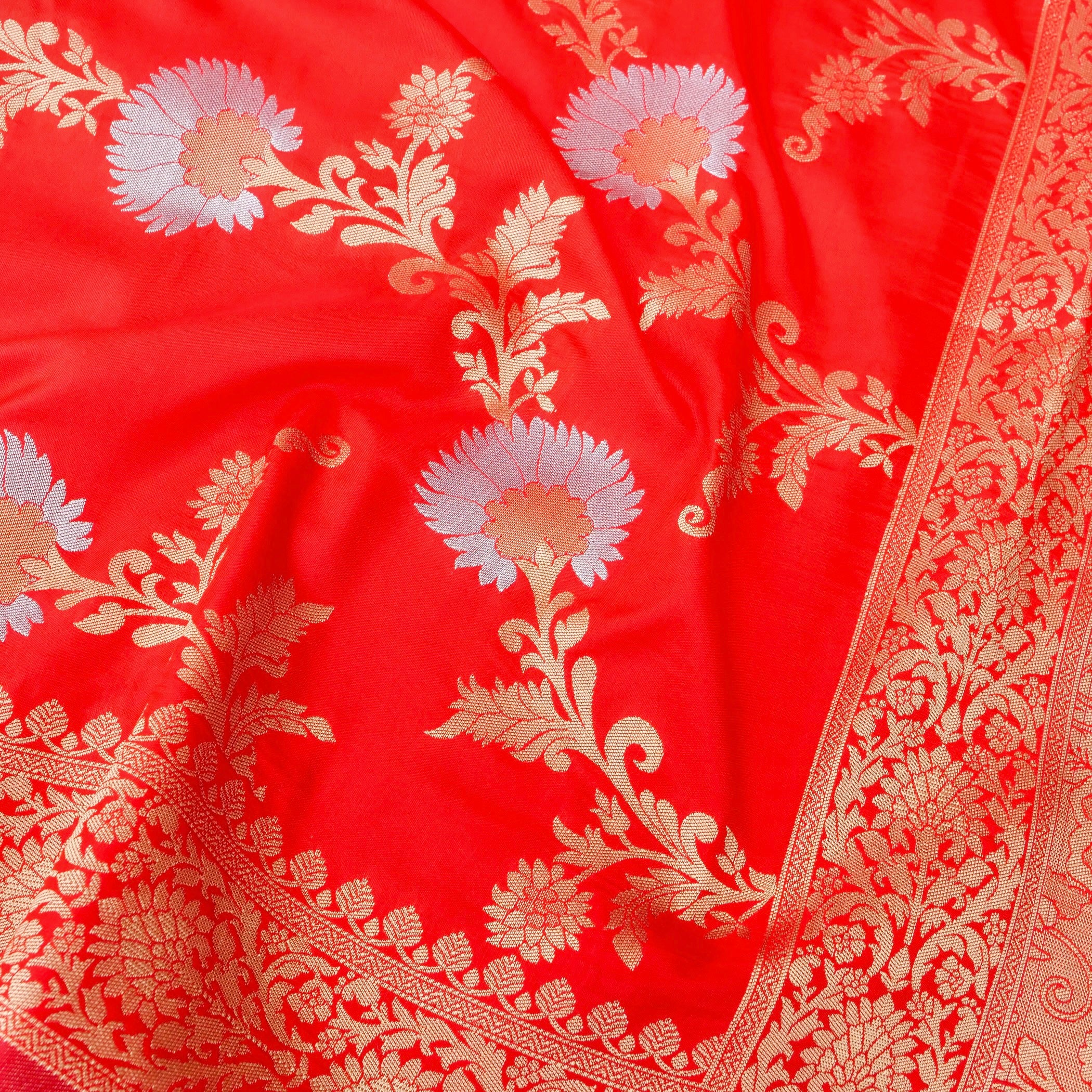 Red Banarasi Silk Saree with Zari Floral Jaal