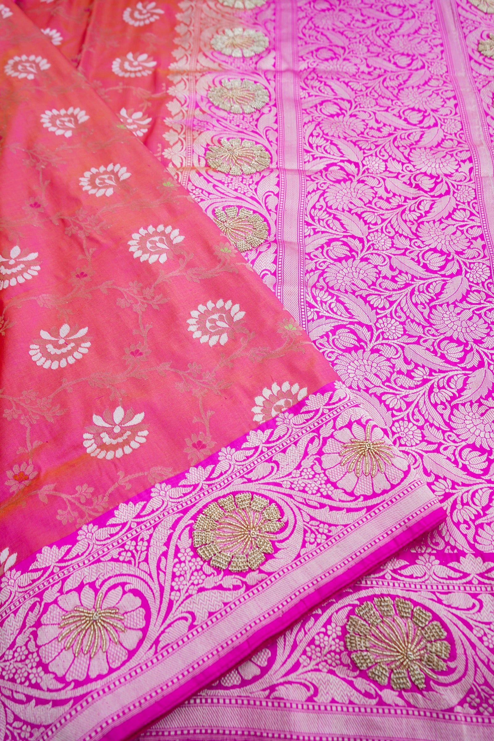 Pink Handwoven Kataan Silk Banarasi Saree with Hand Embroidery