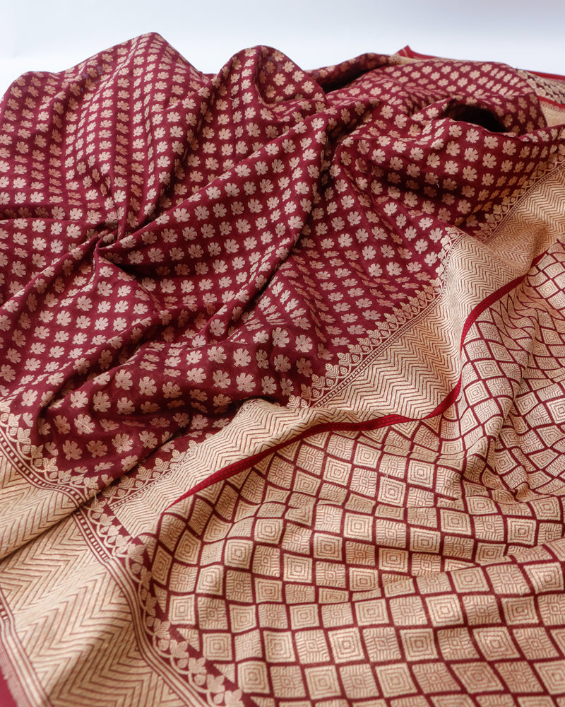 Maroon Pure Cotton Kataan Silk Jangla Handloom Banarasi Saree