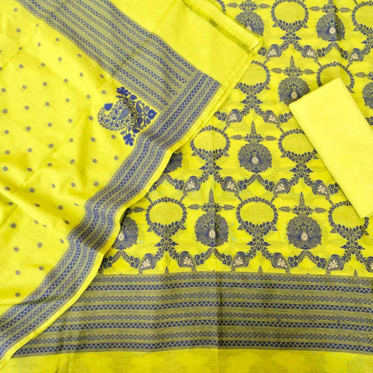 Yellow Cotton Silk Banarasi Unstitched Suit Fabric