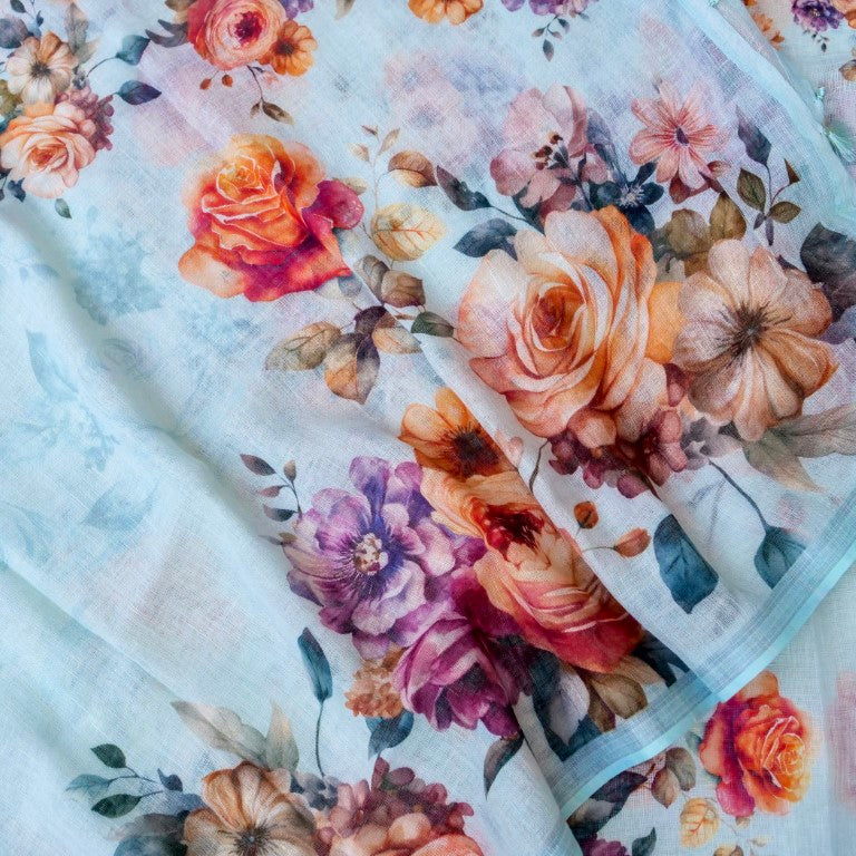 Sky Blue Linen Silk Printed Unstitched Suit Fabric