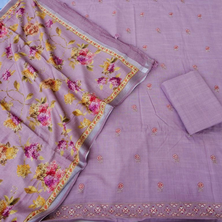Lilac Linen Silk Printed Unstitched Suit Fabric