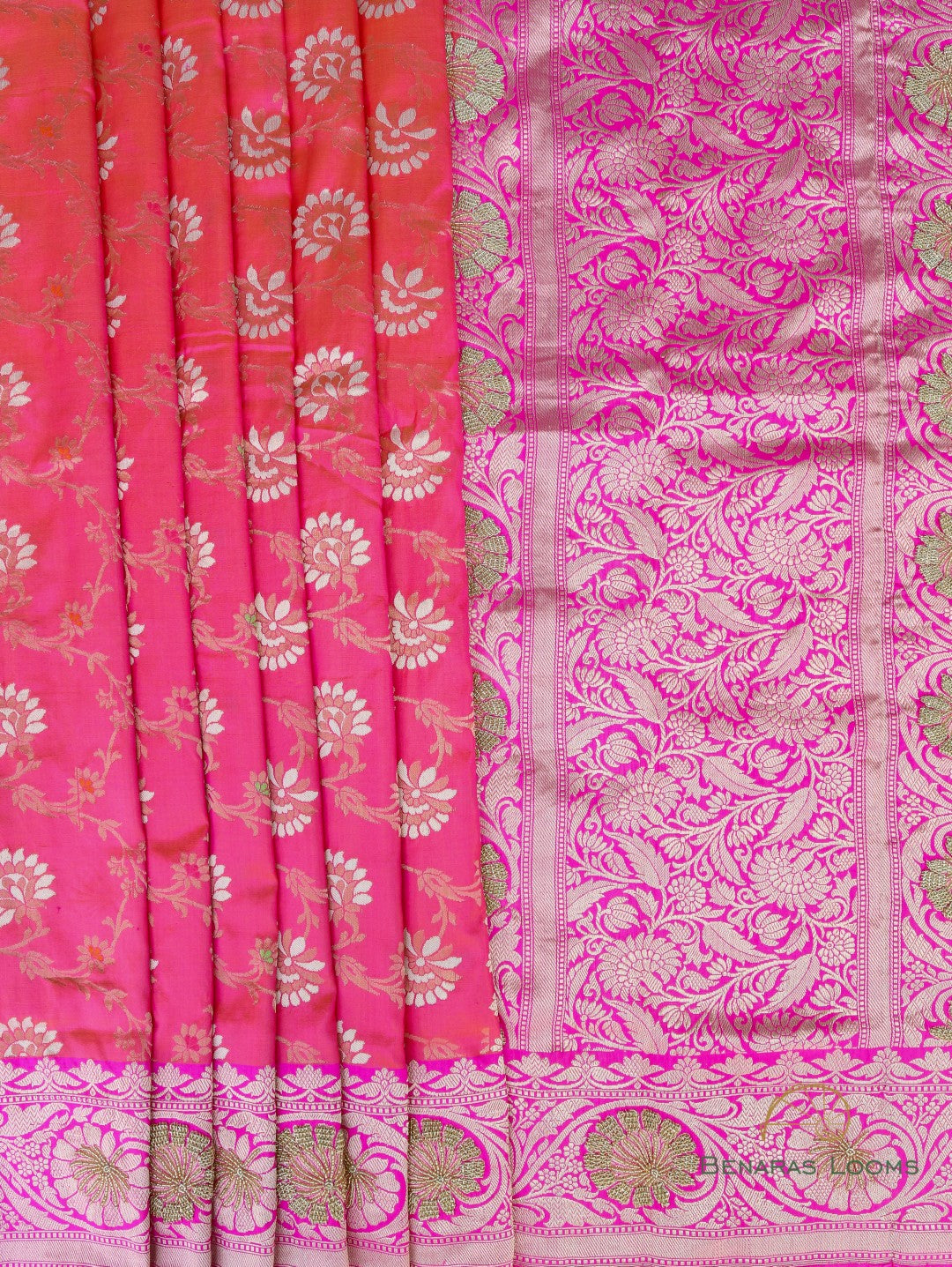 Pink Handwoven Kataan Silk Banarasi Saree with Hand Embroidery