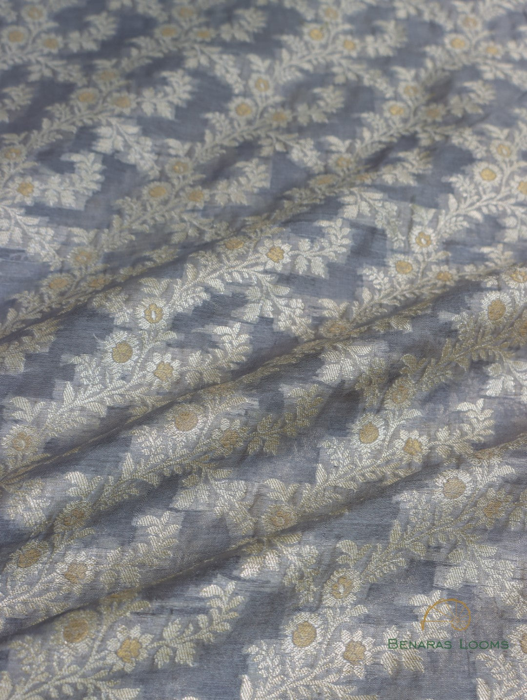 Grey Handwoven Pure Silk Cotton Banarasi Fabric