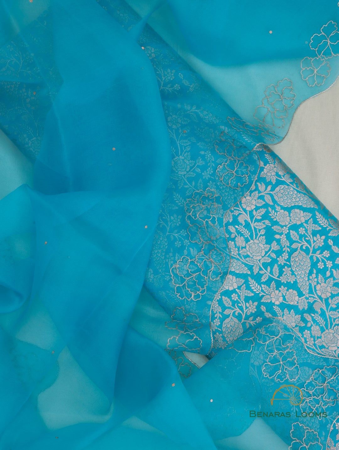 Blue Pure Kataan Silk 3 Piece Suit Set with Hand Embroidered Organza Dupatta