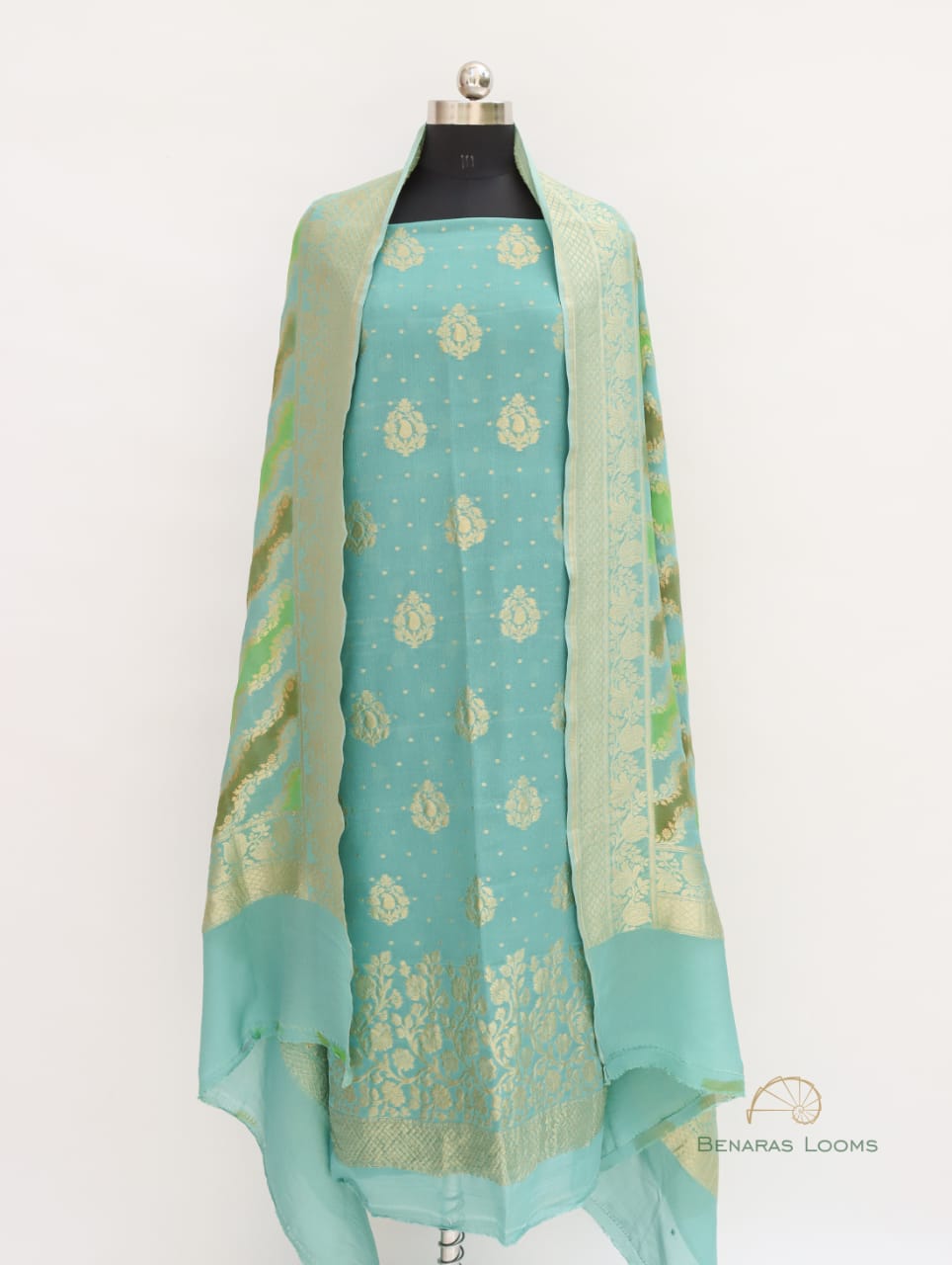 Teal Handwoven Pure Georgette Banarasi Suit Fabric with Georgette Dupatta